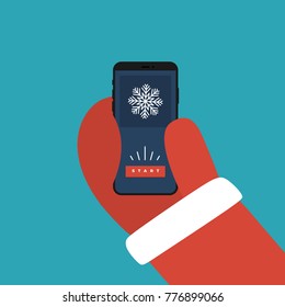 Santa Claus Hand Holding Smartphone with Snowflake on Screen. Flat Design Style. Vector Illustration. New Year Banner Design