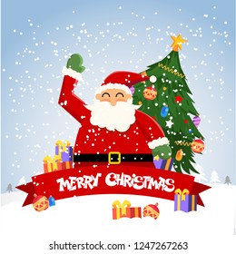 Santa Claus with hand up on Christmas background