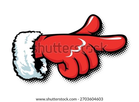 Santa Claus hand points forward. Santa Claus show directed by index finger. Christmas vector template design concept web banner, poster or greeting card on transparent background