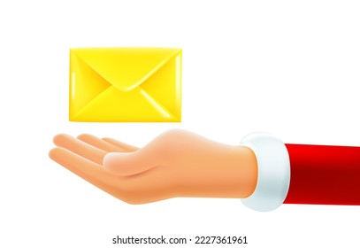 Santa Claus hand with present in envelope. 3d vector illustration 
