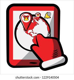 Santa Claus Hand in Red Mitten with Tablet over America, Earth with Red Markers, Gift Boxes, Yellow Bell. Flat style icon with black outline. Symbol. Sign. Stock Vector Illustration. Transparent. 