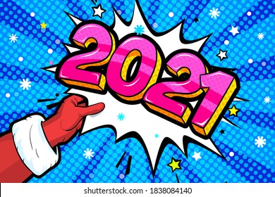 Santa Claus hand in red suit and mitten showing thumb up in pop art style. Sign like and 2021 Message in pop art style, promotional background, presentation poster. Vector illustration.