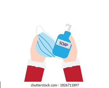 Santa Claus hand with Red White sleeves holding soap and Blue surgical mask on White background