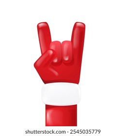 Santa Claus hand rock n roll gesture icon vector illustration isolated on white background. red Christmas Rock concert and party poster, banner, card design template. Cool Santa icon isolated