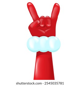 Santa Claus hand rock n roll gesture icon vector illustration isolated on white background. red Christmas Rock concert and party poster, banner, card design template. Cool Santa icon isolated