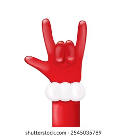 Santa Claus hand rock n roll gesture icon vector illustration isolated on white background. red Christmas Rock concert and party poster, banner, card design template. Cool Santa icon isolated