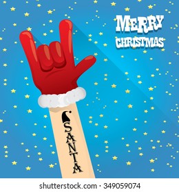 Santa Claus hand rock n roll gesture icon vector illustration. Christmas Rock n roll concert poster design template or greeting card. Rockstar concept