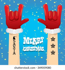 Santa Claus hand rock n roll gesture icon vector illustration. Christmas Rock n roll concert poster design template or greeting card. Rockstar concept