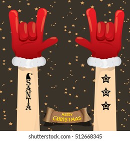 Santa Claus hand rock n roll gesture icon vector illustration. Christmas Rock n roll concert poster design template or greeting card. Rockstar concept