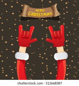 Santa Claus hand rock n roll gesture icon vector illustration. Christmas Rock n roll concert poster design template or greeting card. Rockstar concept