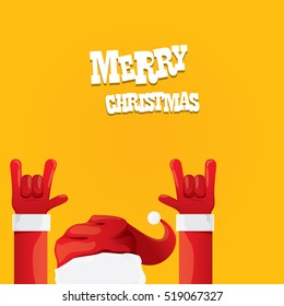 Santa Claus hand rock n roll gesture icon on orange background vector illustration. Christmas Rock n roll concert poster design template or greeting card design template. Rockstar concept