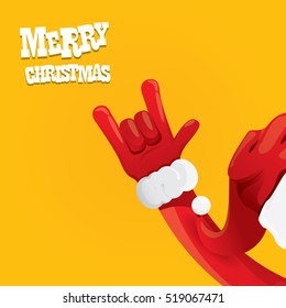 Weihnachtsmann Hand Rock n Roll Gesture Symbol auf orangefarbenem Hintergrund, Vektorgrafik. Christmas Rock n Roll Konzert Poster Design Vorlage oder Grußkartendesign Vorlage. Rockstar-Konzept