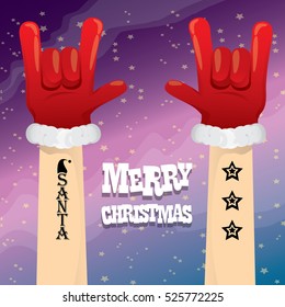 Santa Claus hand rock n roll gesture icon vector illustration. Christmas Rock n roll concert poster design template or greeting card. Rockstar concept