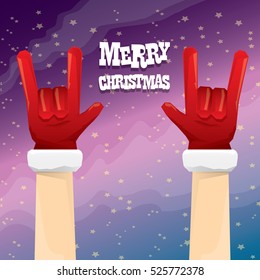 Santa Claus hand rock n roll gesture icon vector illustration. Christmas Rock n roll concert poster design template or greeting card. Rockstar concept