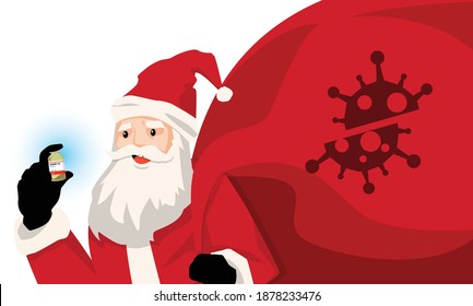 Santa Claus hand sent many dose bottle glass of COVID-19 vaccine gift. Medical and Christmas celebration during coronavirus pandemic concept. Special antivirus healthcare. Holiday greeting. Vector