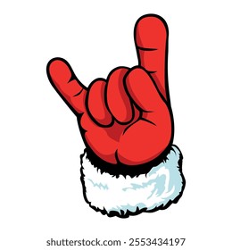 Santa Claus hand showing rock and roll goat sign. Christmas poster template design, concert poster or greeting card. Vector on transparent background