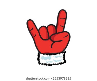 Santa Claus hand showing rock and roll goat sign. Christmas poster template design, concert poster or greeting card. Vector on transparent background
