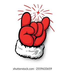 Santa Claus hand shows rock and roll sign ob fireworks backdrop. Design element for poster, card, banner. Vector on transparent background