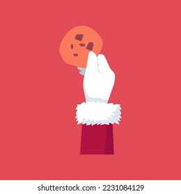 Santa Claus mano en guantes blancos sosteniendo galletas sobre fondo rojo en blanco, ilustración vectorial plana