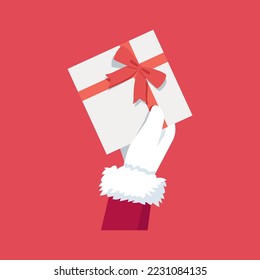 Santa Claus hand in white gloves holding gift on blank red background, flat vector illustration