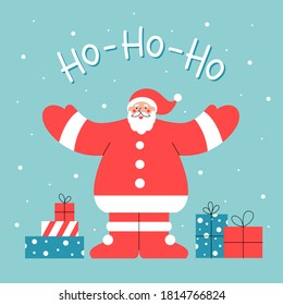 Santa Claus hand-drawn flat vector illustration with lettering phrase and gift boxes. Art design for greeting card, poster, web banner or social media.  