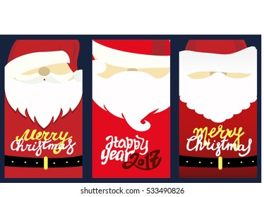 Santa Claus and handmade lettering Merry Christmas on the top. Vector illustration. Happy new year and Merry Christmas
