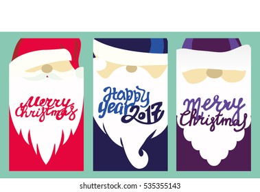 Santa Claus and handmade lettering Merry Christmas on the top. Vector illustration. Happy new year and Merry Christmas