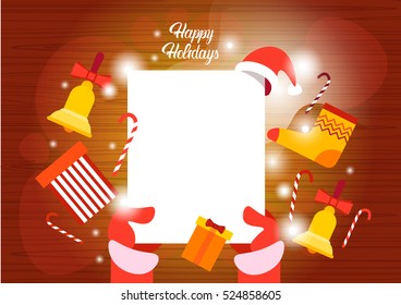 Santa Claus Hands Empty Paper Sheet Merry Christmas Happy New Year Wish List Flat Vector Illustration