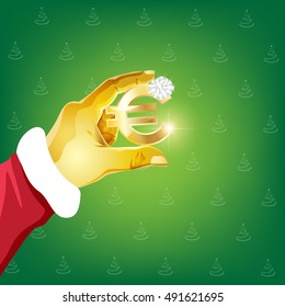 Santa Claus hands gifts On a green background
