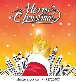Santa Claus hands gifts On a orange background
