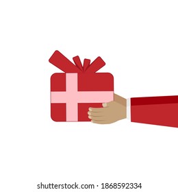 Santa Claus hands give a gift on a white background.