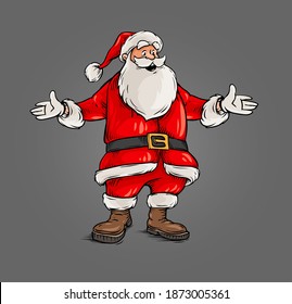 Santa Claus hands up greeting Merry Christmas and Happy new year Holidays. Vector illustration.