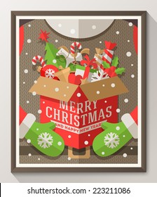 Santa Claus hands holding a box with Christmas toys, gifts and sweets - Holidays flat style poster in wooden frame. Vector illustration