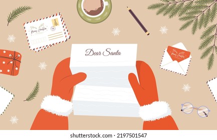 Santa claus hands holding childish letter. Receiving Christmas postcard with congratulations and wish list. Top view. Vector illustration in flat cartoon style. Winter holidays.