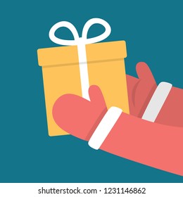 Santa Claus Hands Holding Gift Box. Flat Vector Illustration. New Year Christmas Design Concept