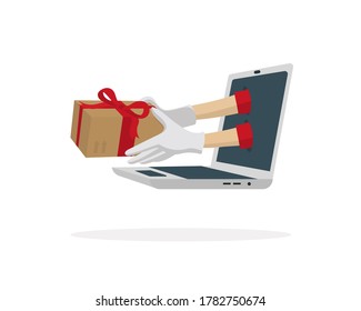 Santa Claus hands holding gift package coming out of a laptop. Internet shopping and parcel service. Christmas shopping