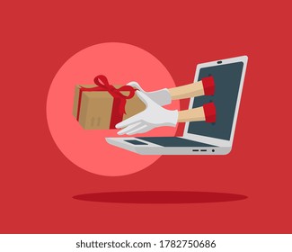 Santa Claus hands holding gift package coming out of a laptop. Internet shopping and parcel service. Christmas shopping