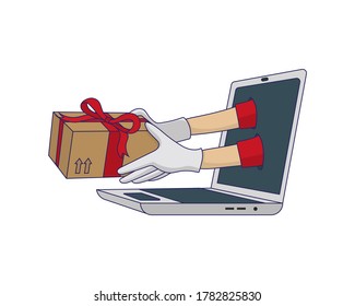 Santa Claus hands holding gift package coming out of a laptop. Internet shopping and parcel service. Christmas shopping