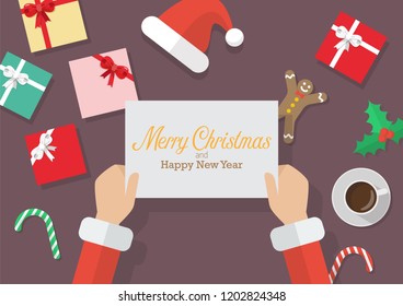 Santa Claus hands holding a Merry Christmas and Happy new year sign with Christmas decoration. Vector illustration