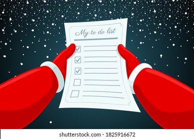 Santa Claus hands holding and reading letter to do list paper on snowy background. Christmas and Happy New Year holiday cartoon vector eps illustration empty form sheet with check marks