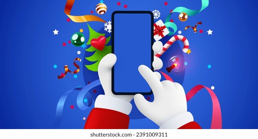 Santa Claus hands holding smartphone with Christmas decorations. Vector illustration 