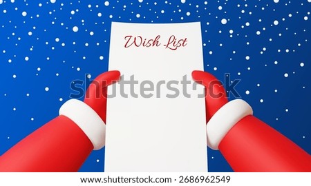 Santa Claus hands in red gloves holding a blank wish list paper, snowflakes fall on a blue background. Cartoon 3d vector father Noel Christmas character holding blank paper wishlist sheet top view