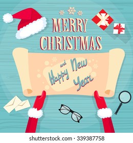 Santa Claus Hands Scroll Old Paper Merry Christmas Wish List Office Desk Flat Vector Illustration