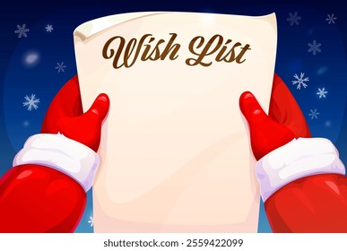 Santa Claus hands with wish list paper for Christmas or New Year winter holiday, vector background. Empty blank paper scroll wishlist in Santa hands for Christmas or New Year kids gifts wish