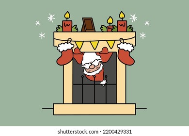 Santa Claus hanging in chimney ready to get presents in socks vector illustration. Christmas and Near year holidays concept.