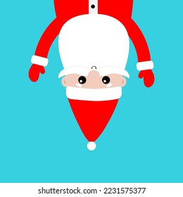 Der Weihnachtsmann hängt verkehrt herum. Frohe Weihnachten. Neujahr. Roter Hut, Kostüm, großer runder Bart, Hände. Cute Cartoon kawaii lustigen Charakter mit offenen Händen. Blauer Hintergrund. Grußkarte. Vektorgrafik