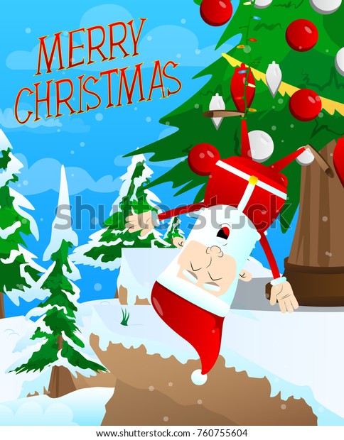 Santa Claus Hanging Upside Down Christmas Stock Vektorgrafik