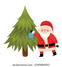 Santa Claus hangs a bauble on the Christmas tree, smiling happy Christmas character, element with shadows
