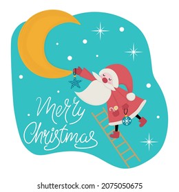 Santa Claus hangs a Christmas tree toy on the moon. Cute Christmas vector illustration, hand drawn style. Design for postcard, poster, cover.