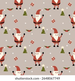 Santa Claus is happy cartoon so cute. On tree star gift box snow background. Pattern seamless vector illustration. 